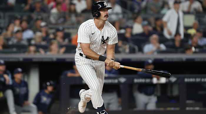 Yankees second baseman Matt Carpenter watches a hit against the Rays.